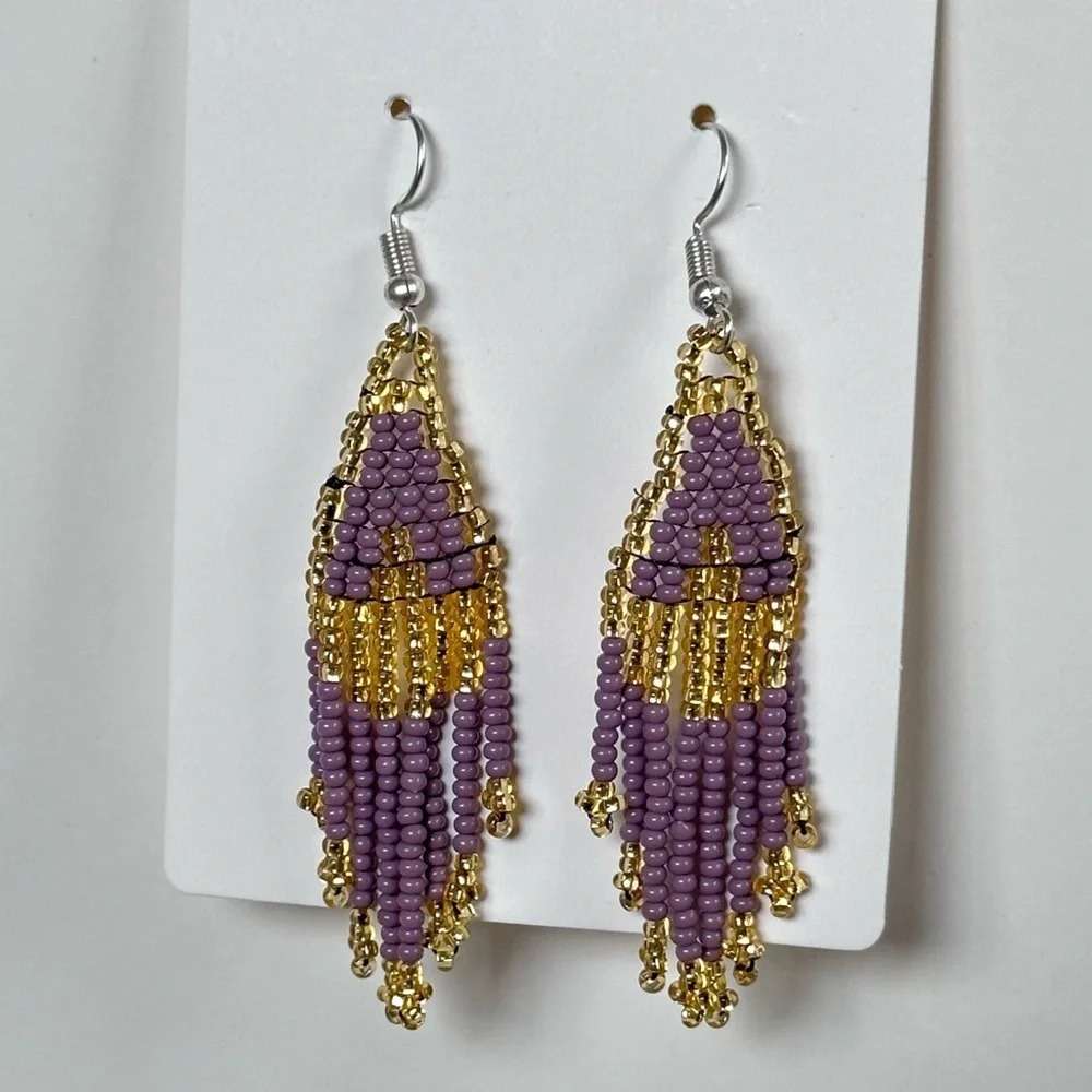Southwestern Boho Beaded Handmade Tassel Fringe Gold Purple Earrings New